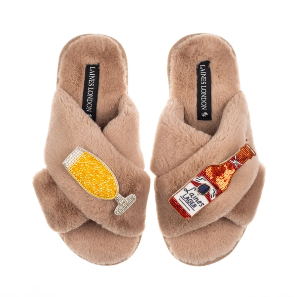Laines London Classic Laines Slippers With Laines American Lager Brooches