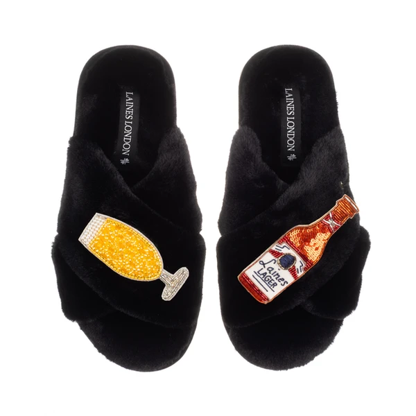 Laines London Classic Laines Slippers With Laines American Lager Brooches