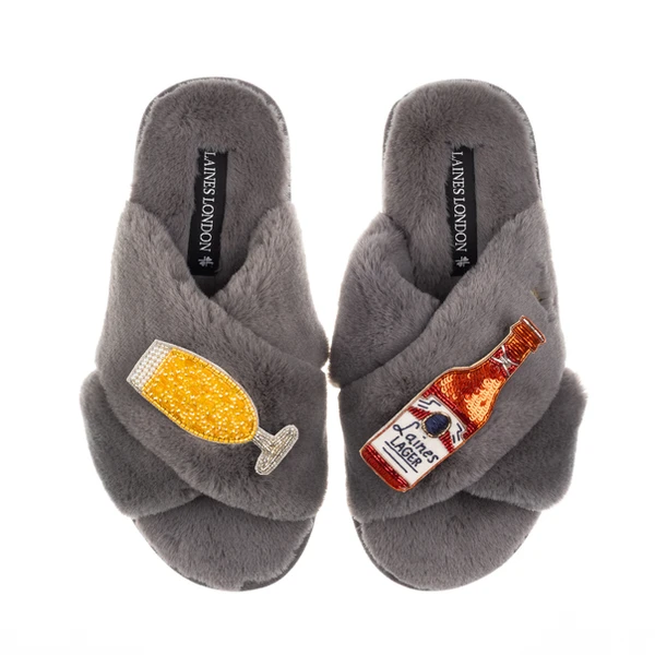 Laines London Classic Laines Slippers With Laines American Lager Brooches