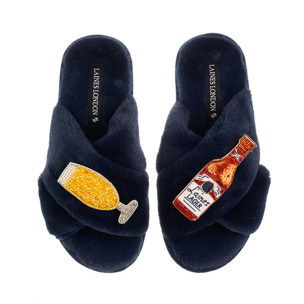 laines london Classic Laines Slippers With Laines American Lager Brooches