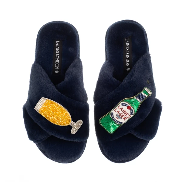 Laines London Classic Laines Slippers With Laines Italian Lager Brooches