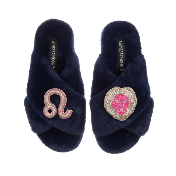 Laines London Classic Laines Slippers With Leo Star Sign Brooches