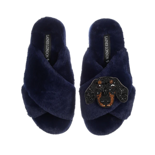 Laines London Classic Laines Slippers With Little Sausage Brooch