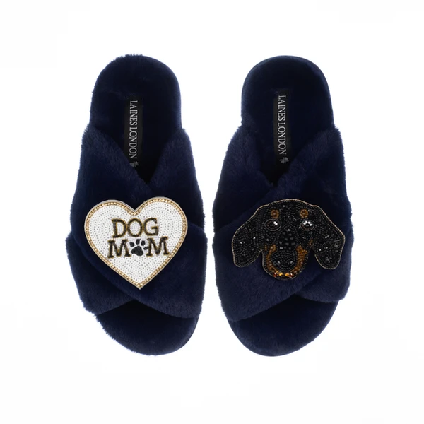 Laines London Classic Laines Slippers With Little Sausage & Dog Mum / Mom Brooches