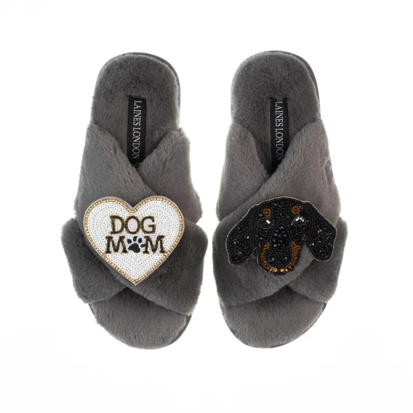 Laines London Classic Laines Slippers With Little Sausage & Dog Mum / Mom Brooches