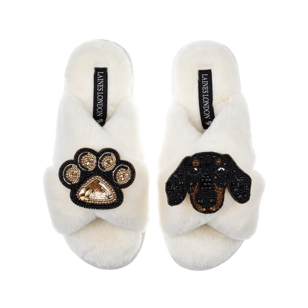 Laines London Classic Laines Slippers With Little Sausage & Paw Brooches