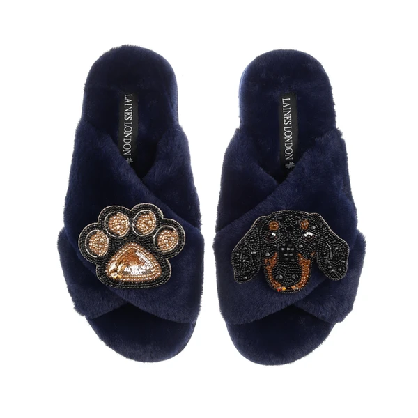 Laines London Classic Laines Slippers With Little Sausage & Paw Brooches