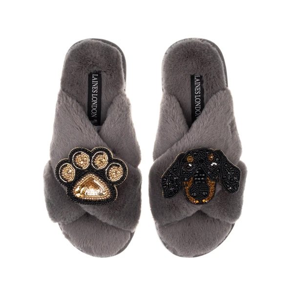 Laines London Classic Laines Slippers With Little Sausage & Paw Brooches