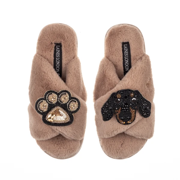 laines london Classic Laines Slippers With Little Sausage & Paw Brooches
