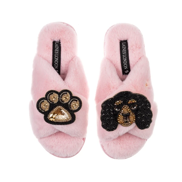 Laines London Classic Laines Slippers With Louie The King Charles & Paw Brooches