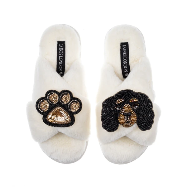 Laines London Classic Laines Slippers With Louie The King Charles & Paw Brooches