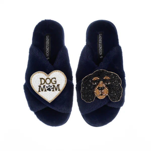 Laines London Classic Laines Slippers With Louie The King Charles & Dog Mum / Mom Brooches