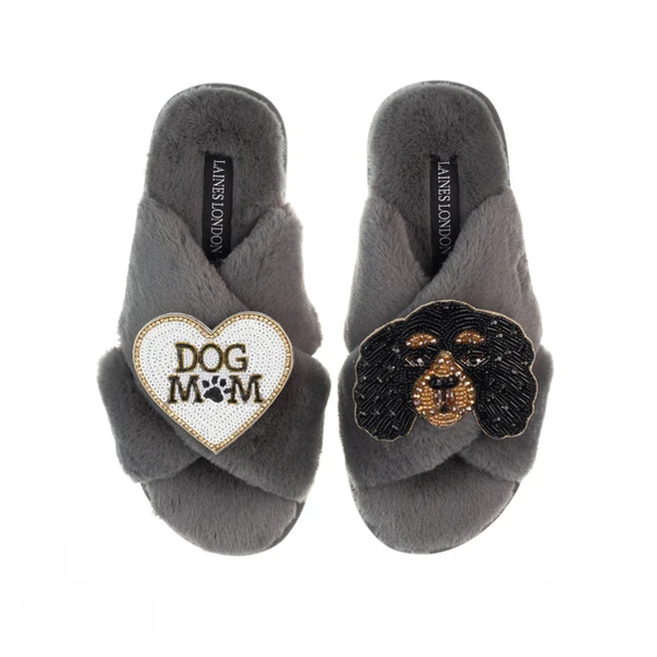 Laines London Classic Laines Slippers With Louie The King Charles & Dog Mum / Mom Brooches