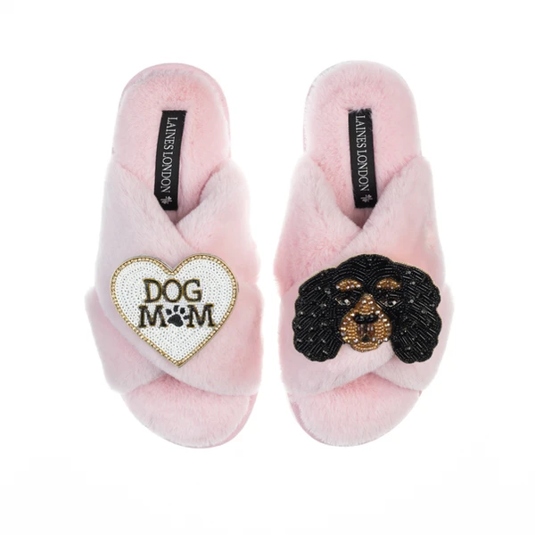 Laines London Classic Laines Slippers With Louie The King Charles & Dog Mum / Mom Brooches