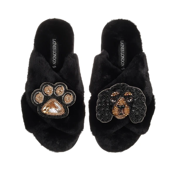 laines london Classic Laines Slippers With Louie The King Charles & Paw Brooches