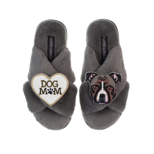 Laines London Classic Laines Slippers With Luna-Rose Staffy & Dog Mum / Mom Brooches
