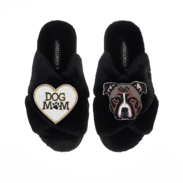 Laines London Classic Laines Slippers With Luna-Rose Staffy & Dog Mum / Mom Brooches