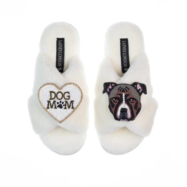 laines london Classic Laines Slippers With Luna-Rose Staffy & Dog Mum / Mom Brooches