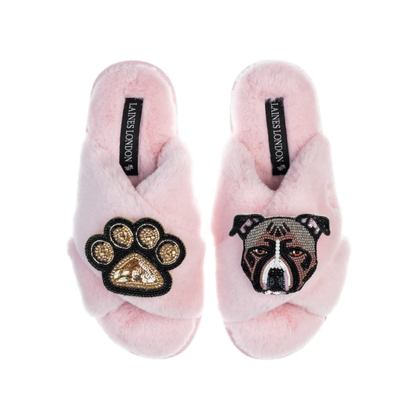 Laines London Classic Laines Slippers With Luna-Rose Staffy & Paw Brooches