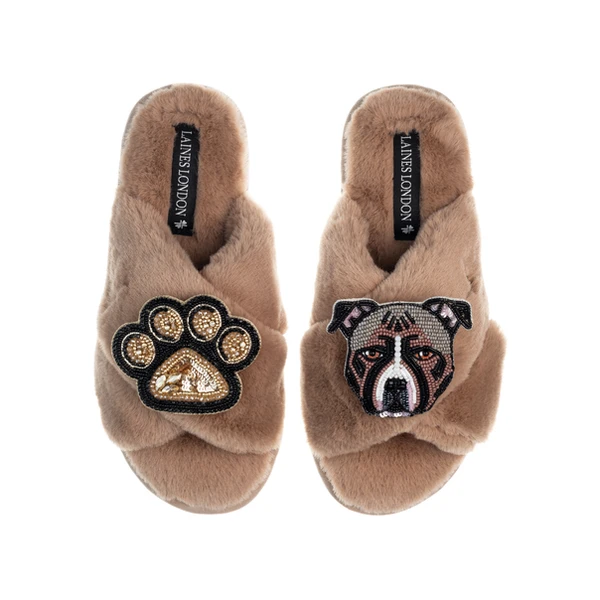 Laines London Classic Laines Slippers With Luna-Rose Staffy & Paw Brooches