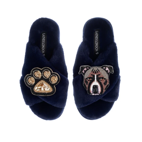 Laines London Classic Laines Slippers With Luna-Rose Staffy & Paw Brooches