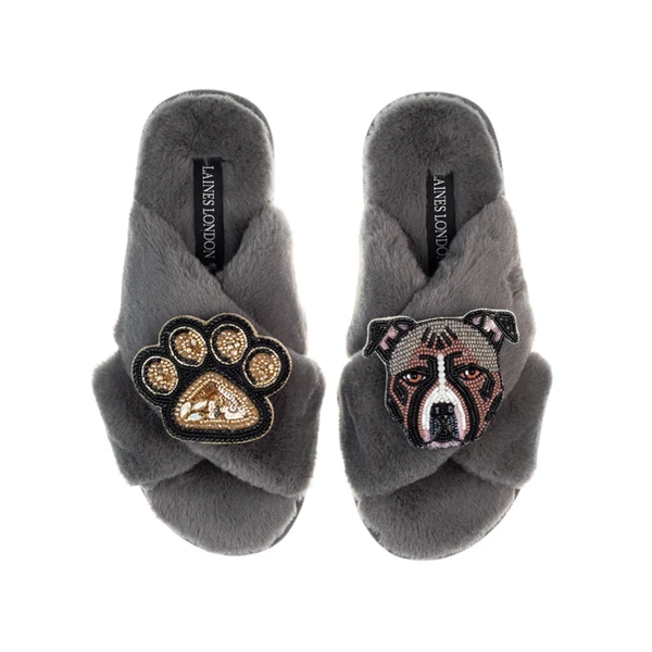 laines london Classic Laines Slippers With Luna-Rose Staffy & Paw Brooches