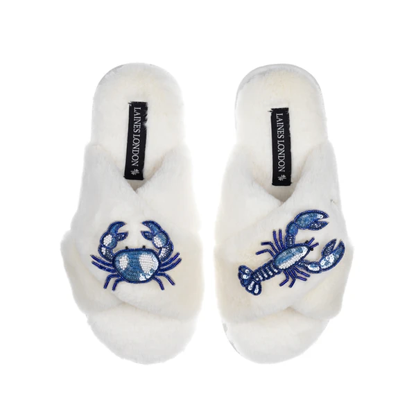 Laines London Classic Laines Slippers With Mediterranean Blue Crab & Lobster Brooches
