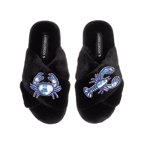 Laines London Classic Laines Slippers With Mediterranean Blue Crab & Lobster Brooches