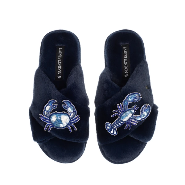 Laines London Classic Laines Slippers With Mediterranean Blue Crab & Lobster Brooches