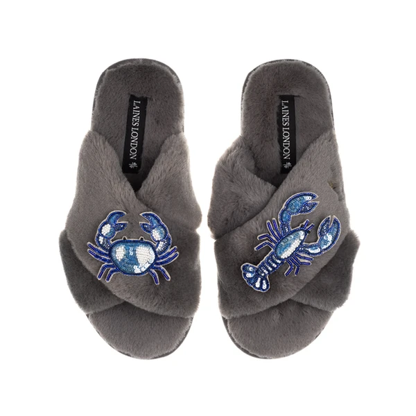 laines london Classic Laines Slippers With Mediterranean Blue Crab & Lobster Brooches