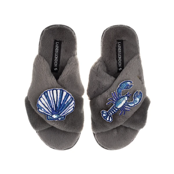 Laines London Classic Laines Slippers With Mediterranean Blue Shell & Lobster Brooches