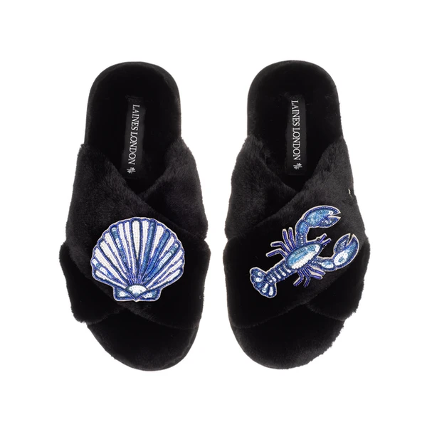 Laines London Classic Laines Slippers With Mediterranean Blue Shell & Lobster Brooches