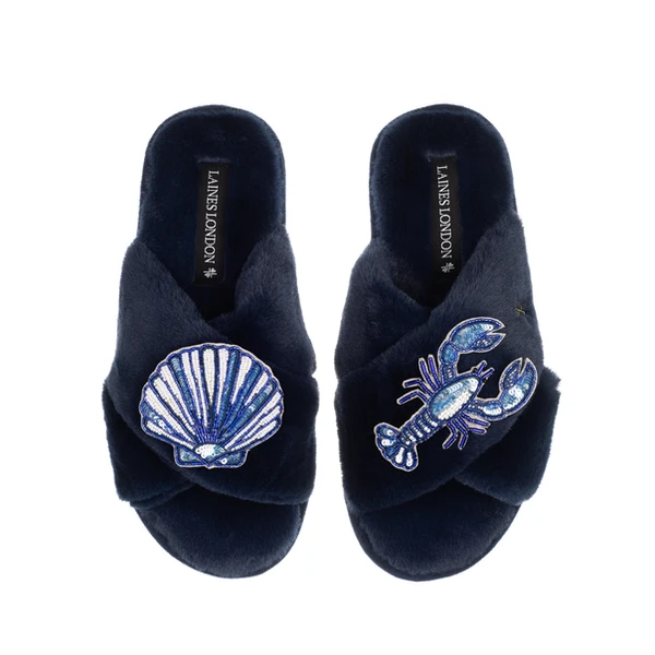 Laines London Classic Laines Slippers With Mediterranean Blue Shell & Lobster Brooches