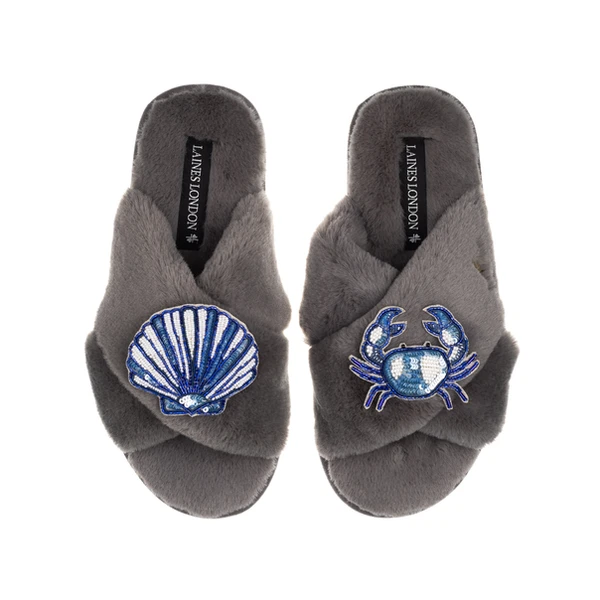 Laines London Classic Laines Slippers With Mediterranean Blue Shell & Crab Brooches
