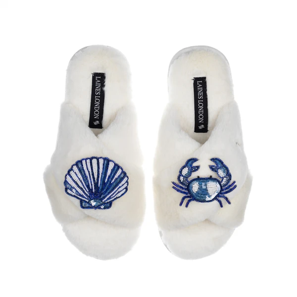 Laines London Classic Laines Slippers With Mediterranean Blue Shell & Crab Brooches