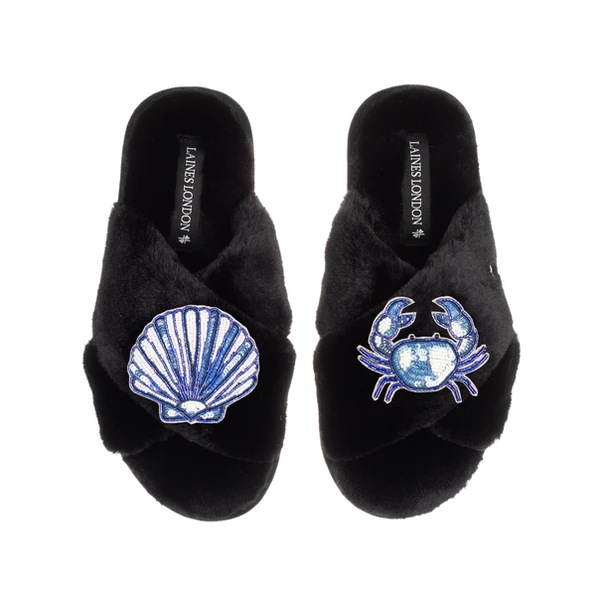 Laines London Classic Laines Slippers With Mediterranean Blue Shell & Crab Brooches