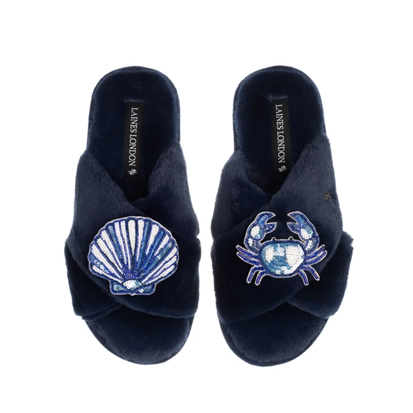 laines london Classic Laines Slippers With Mediterranean Blue Shell & Crab Brooches