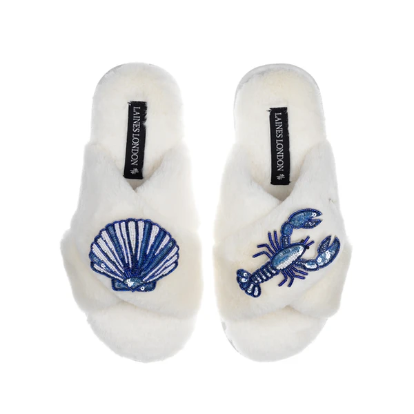laines london Classic Laines Slippers With Mediterranean Blue Shell & Lobster Brooches