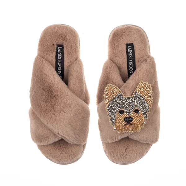 Laines London Classic Laines Slippers With Minnie The Yorkie Brooch