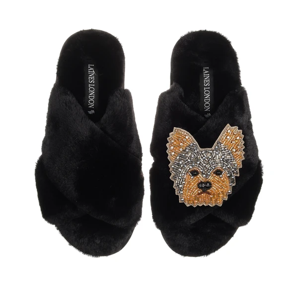 Laines London Classic Laines Slippers With Minnie The Yorkie Brooch