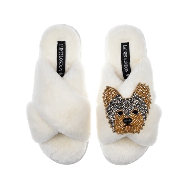 Laines London Classic Laines Slippers With Minnie The Yorkie Brooch
