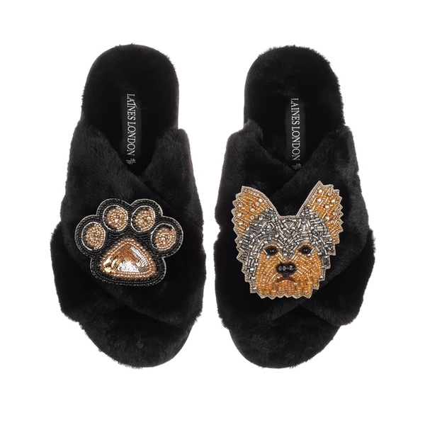 Laines London Classic Laines Slippers With Minnie The Yorkie & Paw Brooches