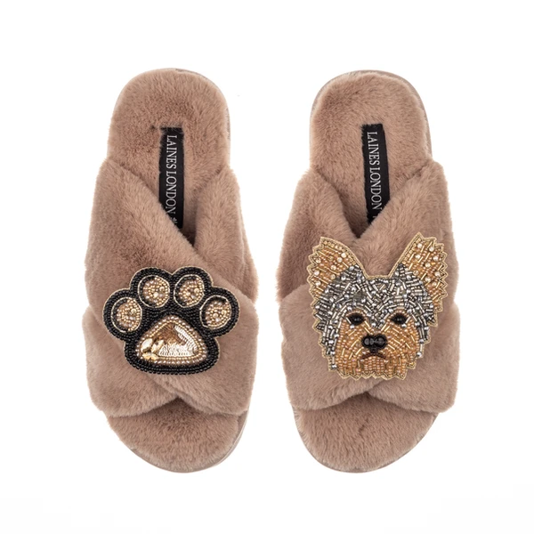 Laines London Classic Laines Slippers With Minnie The Yorkie & Paw Brooches