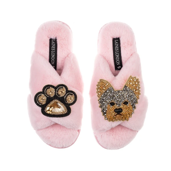 Laines London Classic Laines Slippers With Minnie The Yorkie & Paw Brooches