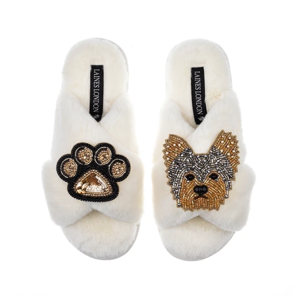 laines london Classic Laines Slippers With Minnie The Yorkie & Paw Brooches