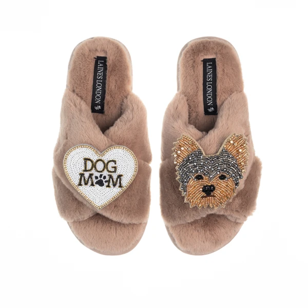 Laines London Classic Laines Slippers With Minnie Yorkie & Dog Mum / Mom Brooches