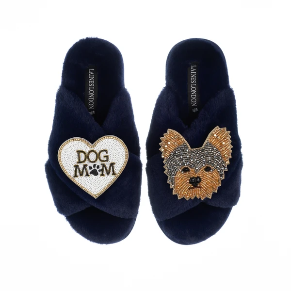 Laines London Classic Laines Slippers With Minnie Yorkie & Dog Mum / Mom Brooches