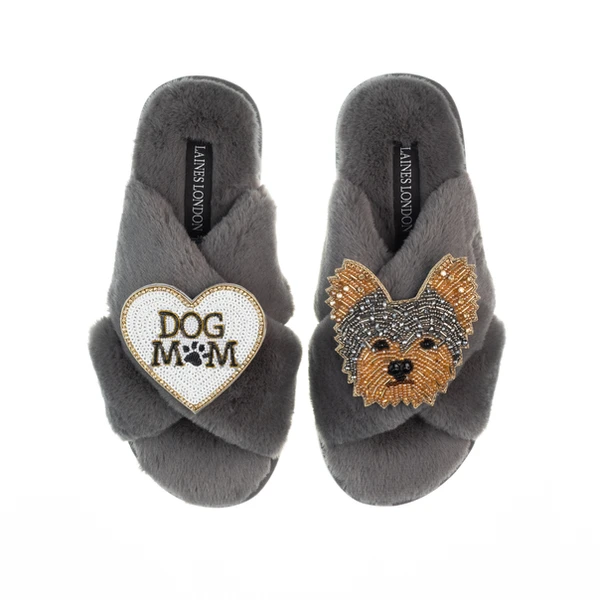 laines london Classic Laines Slippers With Minnie Yorkie & Dog Mum / Mom Brooches