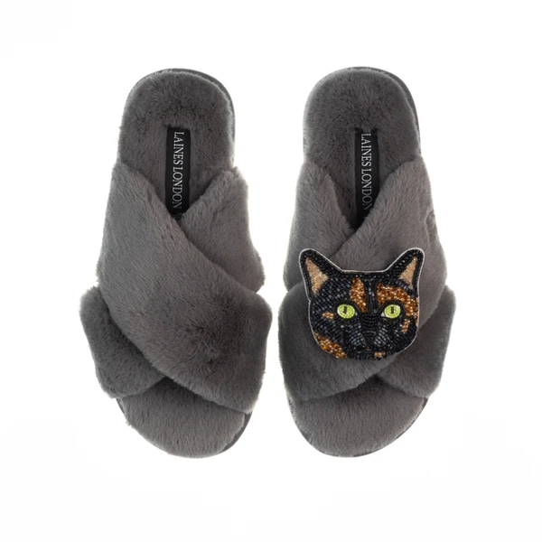 Laines London Classic Laines Slippers With Misty Cat Brooch