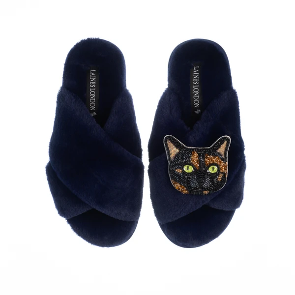 Laines London Classic Laines Slippers With Misty Cat Brooch